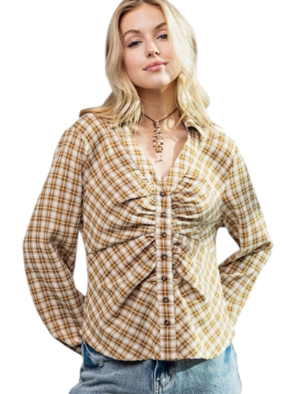 🆕 Easel - Ruched Plaid Button-Front Shirt - Tan - NWT